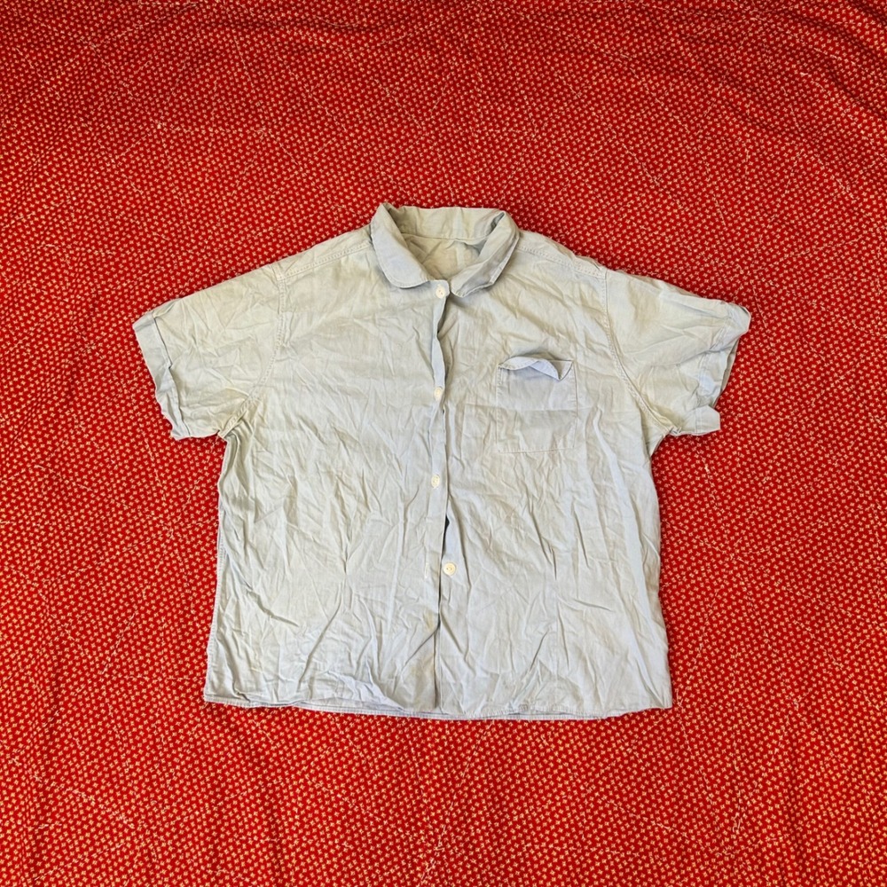 Vintage 1940s 1950s Light Blue Peter Pan Collar 100% cotton Short Sleeve Blouse